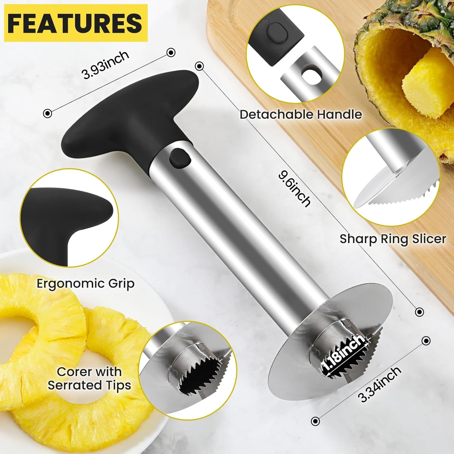Premium Pineapple Corer and Slicer Tool - Sharp Pineapple Cutter with Serrated Tips - Easy to Use and Clean - Stainless Steel Core Remover for Pineapple - Core Fruits with Ease(Black)
