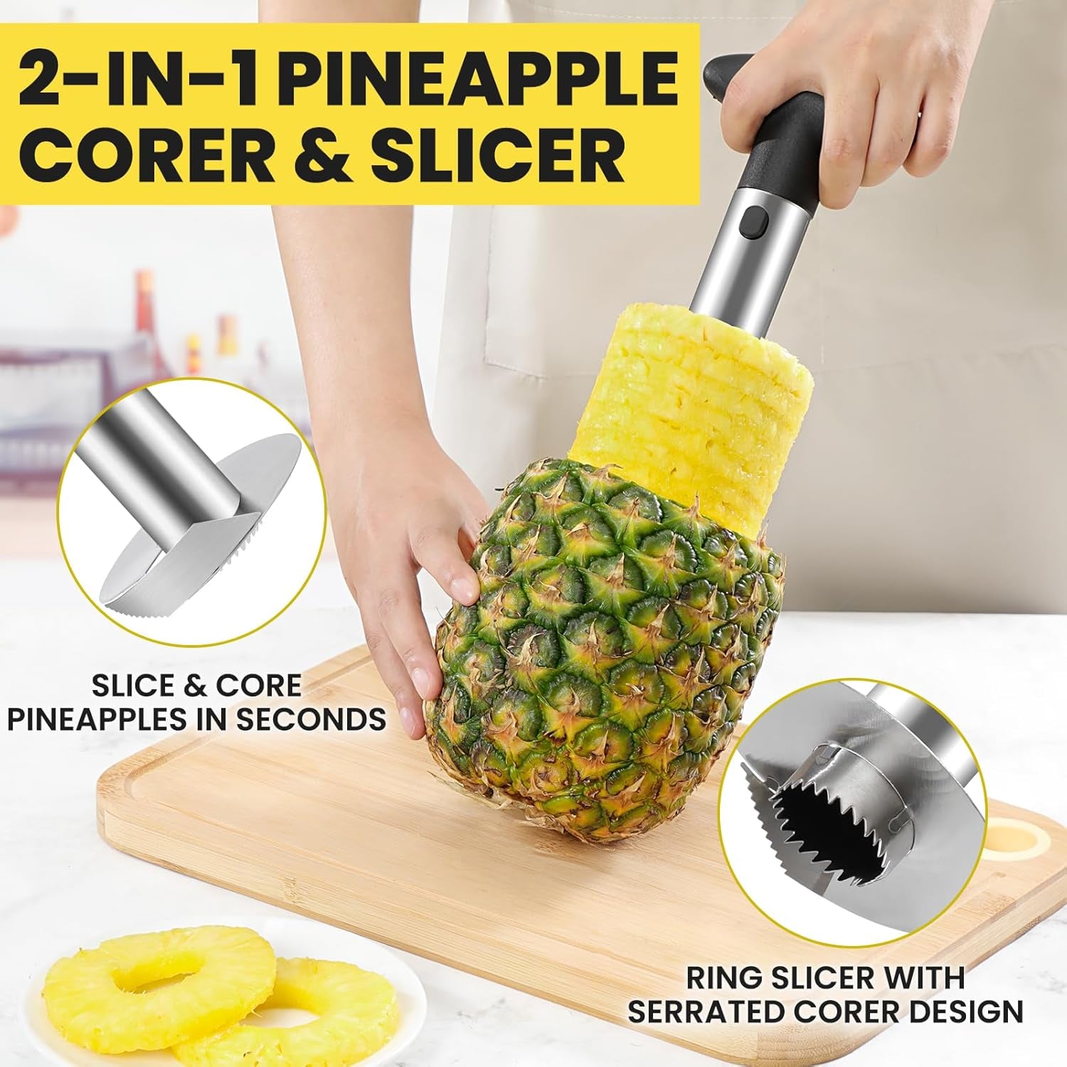 Premium Pineapple Corer and Slicer Tool - Sharp Pineapple Cutter with Serrated Tips - Easy to Use and Clean - Stainless Steel Core Remover for Pineapple - Core Fruits with Ease(Black)